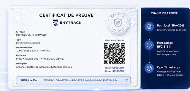 Preuve et registre automobile consultés dans ENYTRACK